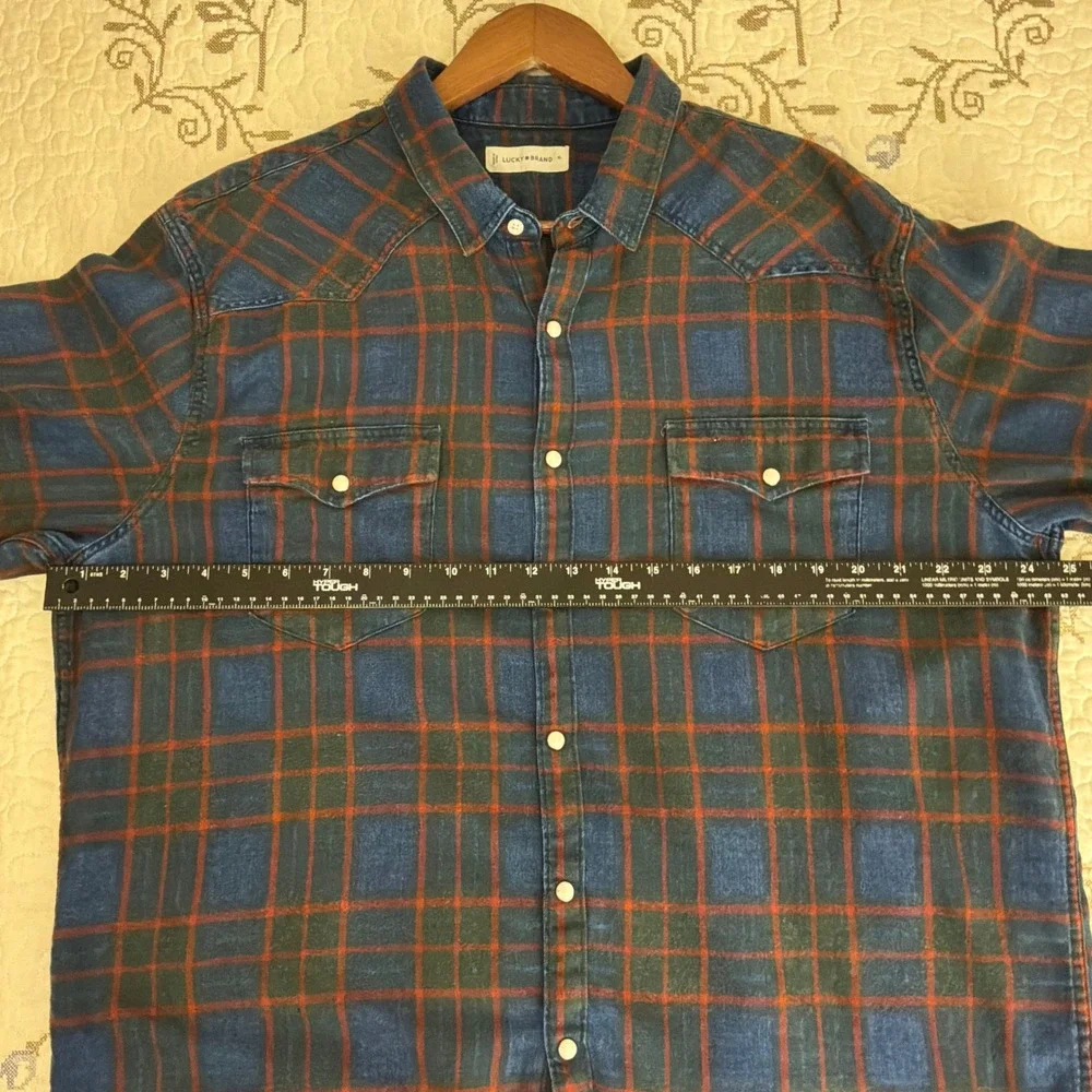 Lucky Brand Plaid Western Shirt Mens XL Blue Red Plaid Excellent Pearl Snap